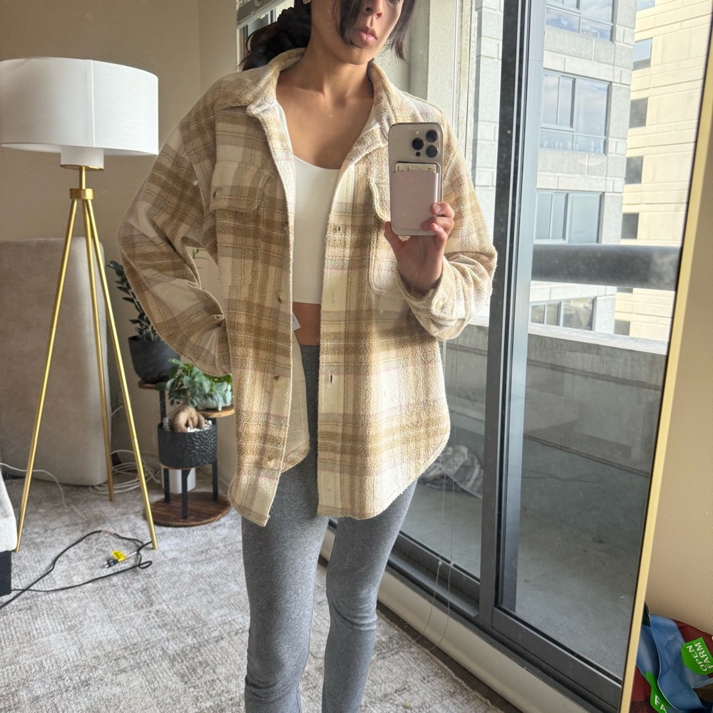 American Eagle Outfitters Plaid Shirt in Tan and Pink